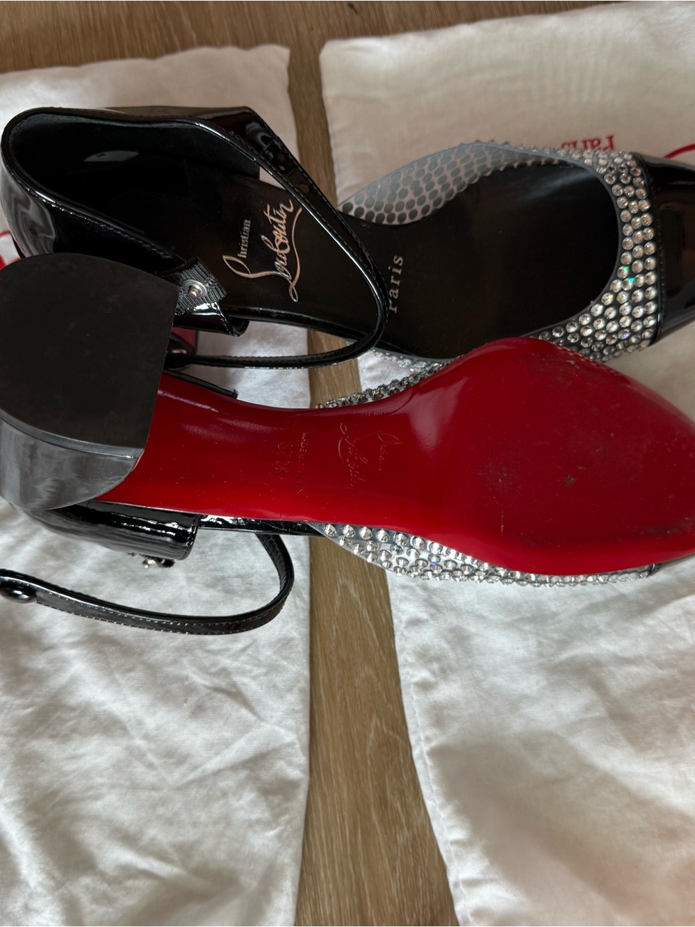 Christian Louboutin Black Patent Crystal-Trim Slingback Heels - Picture 5 of 7